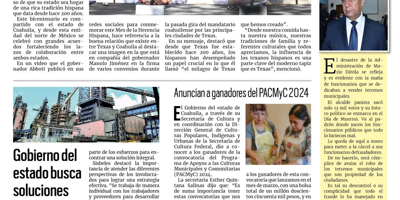 Portada RCG Centro [19 de octubre de 2024] Resalta Greg Abbott buena relación con Coahuila; inauguran Centro Comunitario de Atención a la Primera Infancia y más…