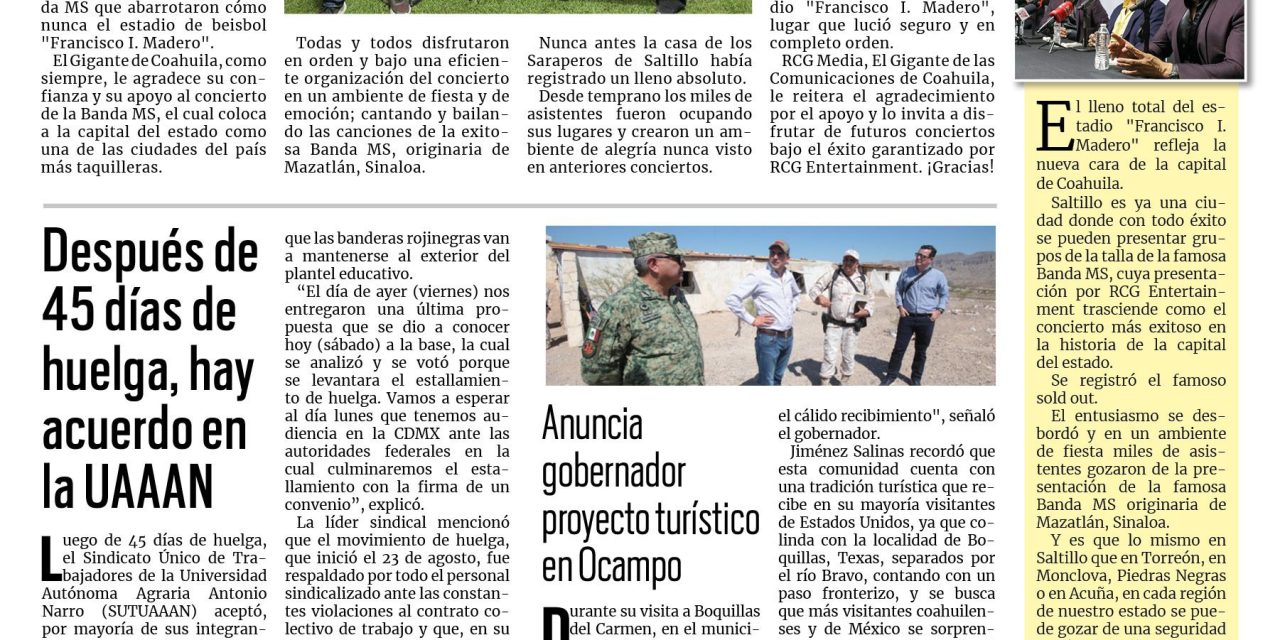 Portada RCG Fronteriza [13 de octubre de 2024] Banda MS ofrece el concierto más exitoso de Saltillo; Aprueban convenio de colaboración con tiendas de conveniencia y más…