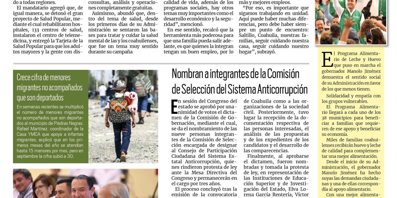 Portada RCG Fronteriza [16 de octubre de 2024] Programa Alimentario beneficia a miles de personas en Coahuila; entregan Premio Estatal de Transparencia en Corto 2024 y más…