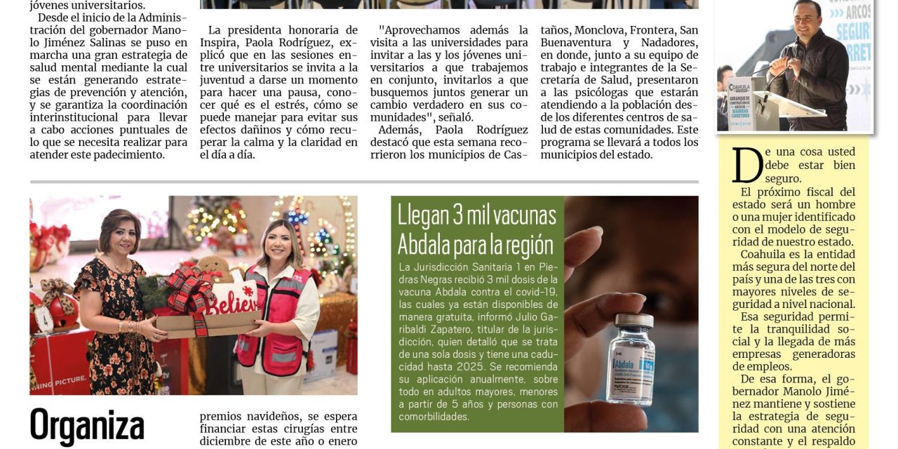Portada RCG Fronteriza [27 de octubre de 2024] Inspira Coahuila atiende la salud mental de universitarios; Concluyen las Fiestas de la Amistad y más…