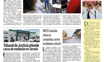 Portada RCG Lagunera [07 de octubre de 2024] Inspira Coahuila lleva módulos del Registro Civil a hospitales; apuntan falta de apoyos para personas con discapacidad y más…
