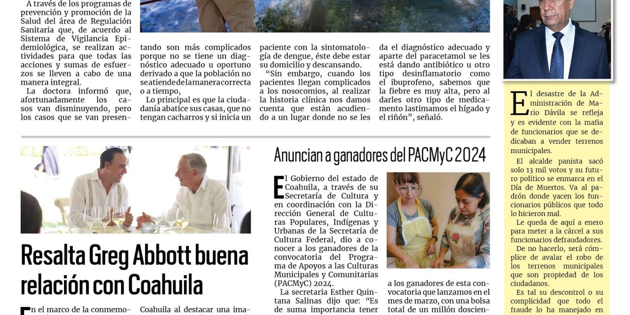 Portada RCG Lagunera [19 de octubre de 2024] Departamento de Regulación Sanitaria combate al dengue en la Laguna; Román Cepeda da inicio a la tercera edición de DIF Rosa y más…