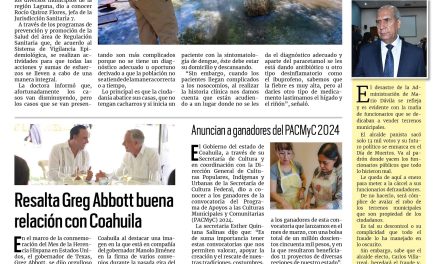 Portada RCG Lagunera [19 de octubre de 2024] Departamento de Regulación Sanitaria combate al dengue en la Laguna; Román Cepeda da inicio a la tercera edición de DIF Rosa y más…