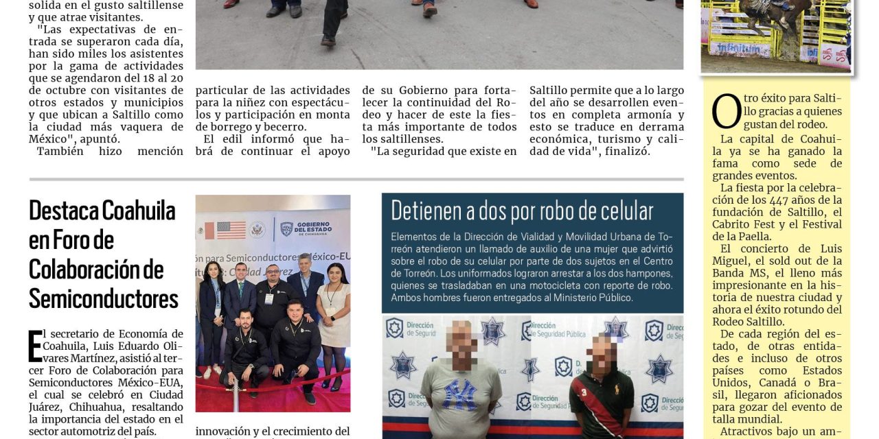 Portada RCG Lagunera [21 de octubre de 2024] Rodeo Saltillo se consolida en la capital del estado; menores roban tienda y terminan tras las rejas y más…