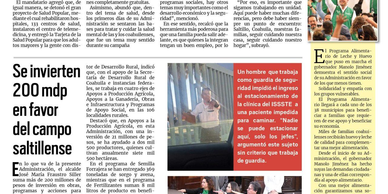 Portada RCG Media [16 de octubre de 2024] Programa Alimentario beneficia a miles de personas en Coahuila; se invierten 200 mdp en favor del campo saltillense y más…