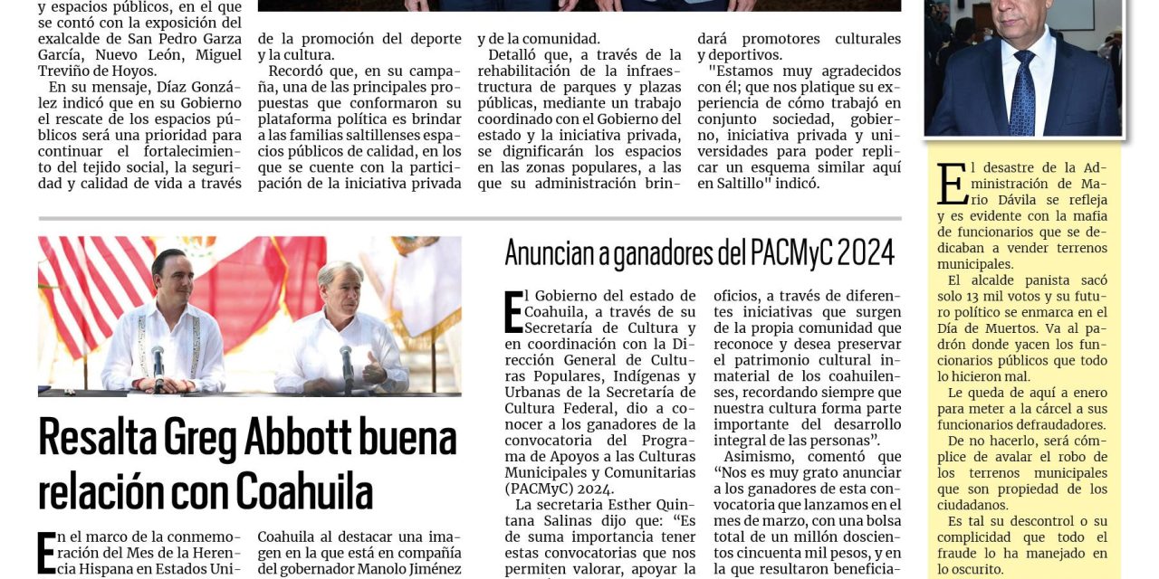 Portada RCG Media [19 de octubre de 2024] Javier Díaz trabajará en la recuperación de espacios públicos; avanza la construcción del puente vehicular Mirasierra y más…