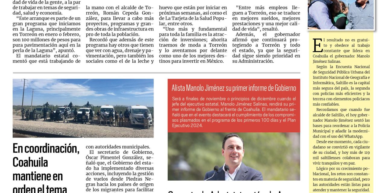Portada RCG Media [23 de octubre de 2024] Continúa Gobierno estatal con obras sociales en la Laguna; en coordinación, Coahuila mantiene en orden el tema migratorio y más…