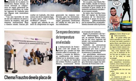 Portada RCG Media [24 de octubre de 2024] Manolo Jiménez reitera su compromiso para atraer inversiones; Chema Fraustro devela placa de Saltillo como Promotor de Salud y más…