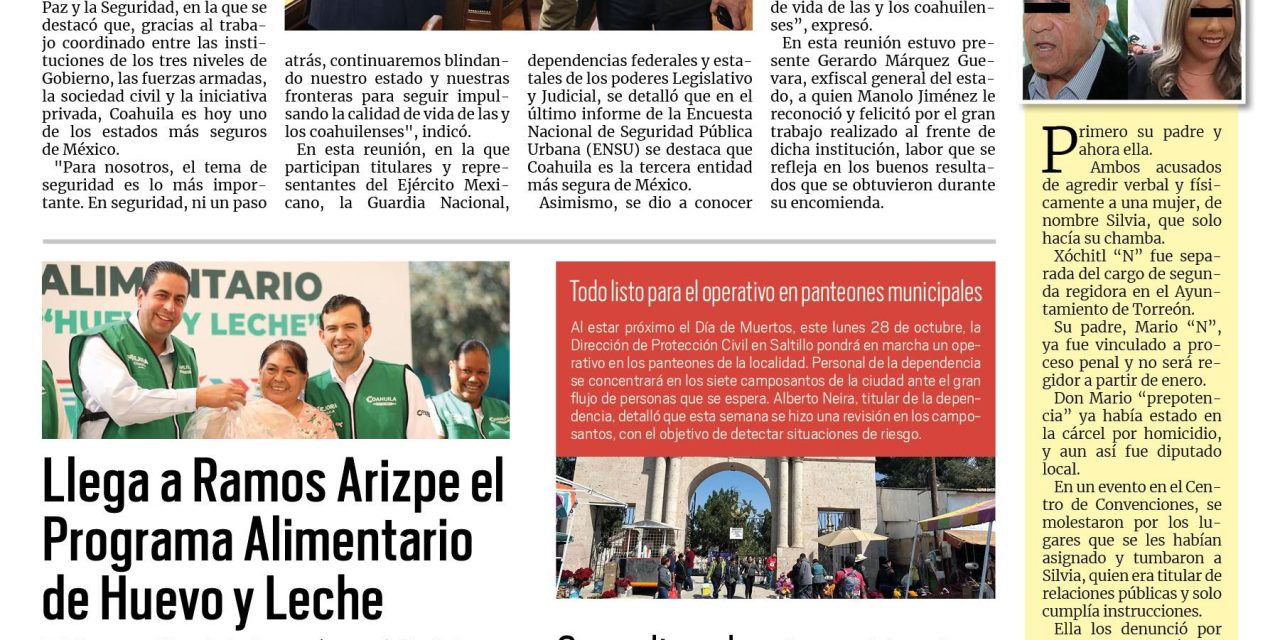 Portada RCG Media [25 de octubre de 2024] La seguridad es prioridad en Coahuila: Manolo Jiménez; llega a Ramos Arizpe el Programa Alimentario de Huevo y Leche y más…