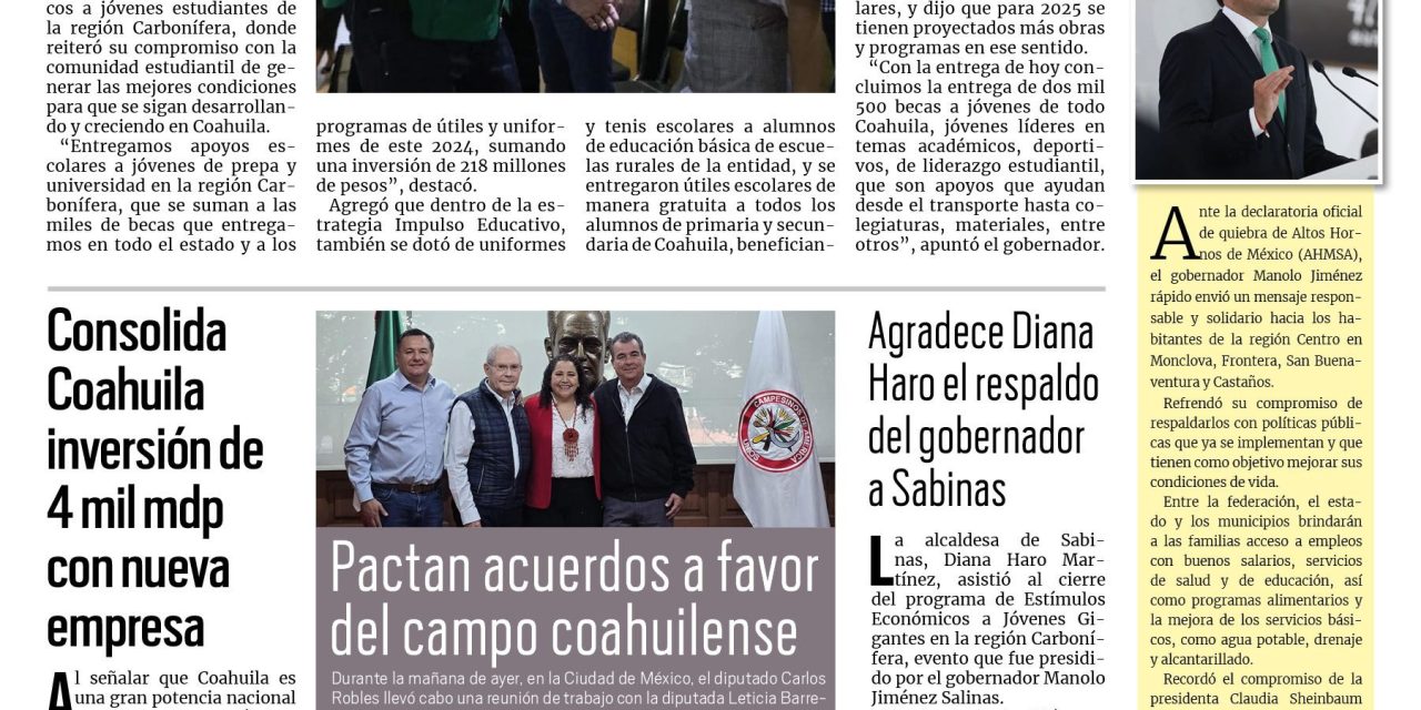 Portada RCG Carbonífera [08 de noviembre de 2024] Entregamos más de 200 mdp en apoyos escolares: Manolo Jiménez; anuncian visita de Claudia Sheinbaum a la Carbonífera y más…
