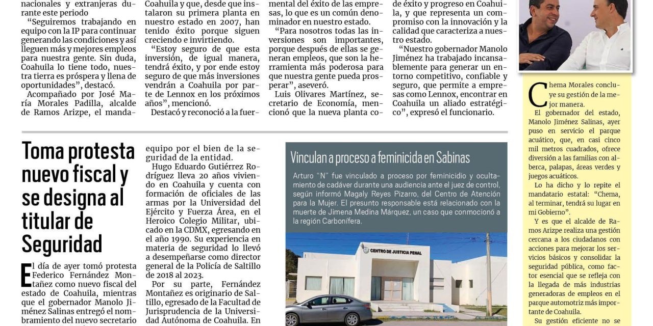 Portada RCG Carbonífera [22 de noviembre de 2024] Cerrará Coahuila este 2024 con miles de empleos nuevos; casos de violencia doméstica continúan en aumento y más…