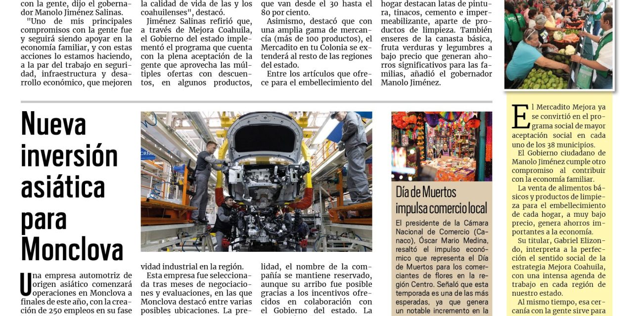 Portada RCG Centro [2 de noviembre de 2024] ‘Beneficiamos la economía de las familias con el Mercadito Mejora’; realizarán Feria Navideña para pequeños negocios en Monclova y más…