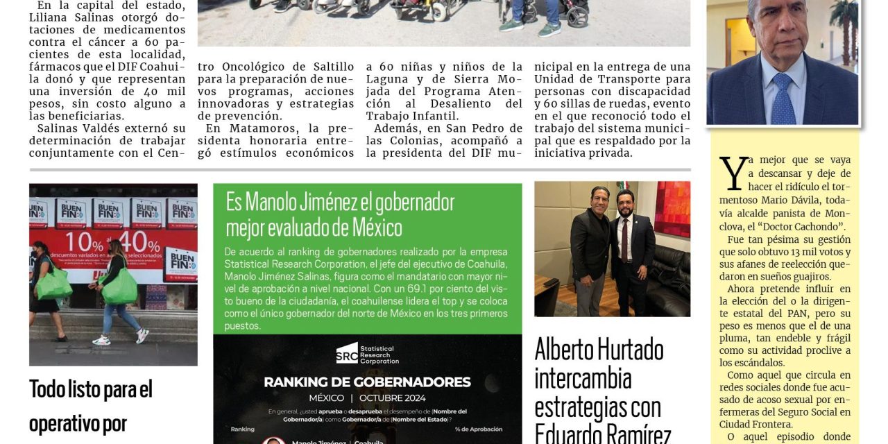 Portada RCG Centro [04 de noviembre de 2024] DIF Coahuila mantiene apoyo permanente a los más necesitados; ocupación hotelera en Monclova continúa estancada y más…