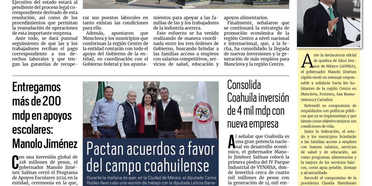 Portada RCG Centro [08 de noviembre de 2024] Gobierno de Coahuila estará al pendiente de quiebra de AHMSA; encuentran a hombre en estado de descomposición y más…