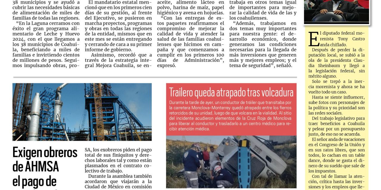 Portada RCG Centro [14 de noviembre de 2024] Programa Alimentario beneficia a miles de coahuilenses: Manolo Jiménez; dan de baja a funcionario público por huachicoleo y más …