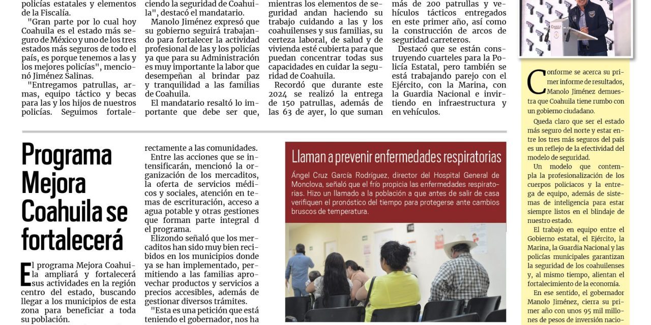 Portada RCG Centro [24 de noviembre de 2024] Manolo Jiménez fortalece seguridad con más patrullas, equipo y becas; ejecutan embargos contra acreedores de AHMSA y más…