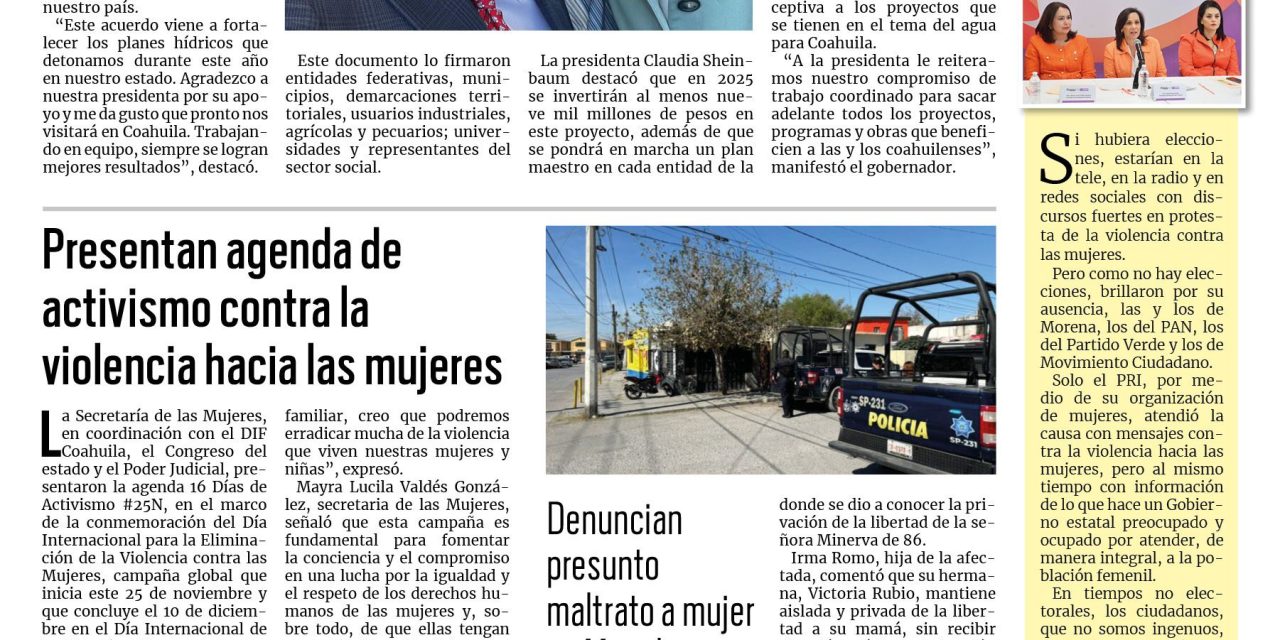 Portada RCG Centro [26 de noviembre de 2024] Firma Coahuila Acuerdo Nacional por el Derecho al Agua; se incendia antigua empresa de explosivos y más…