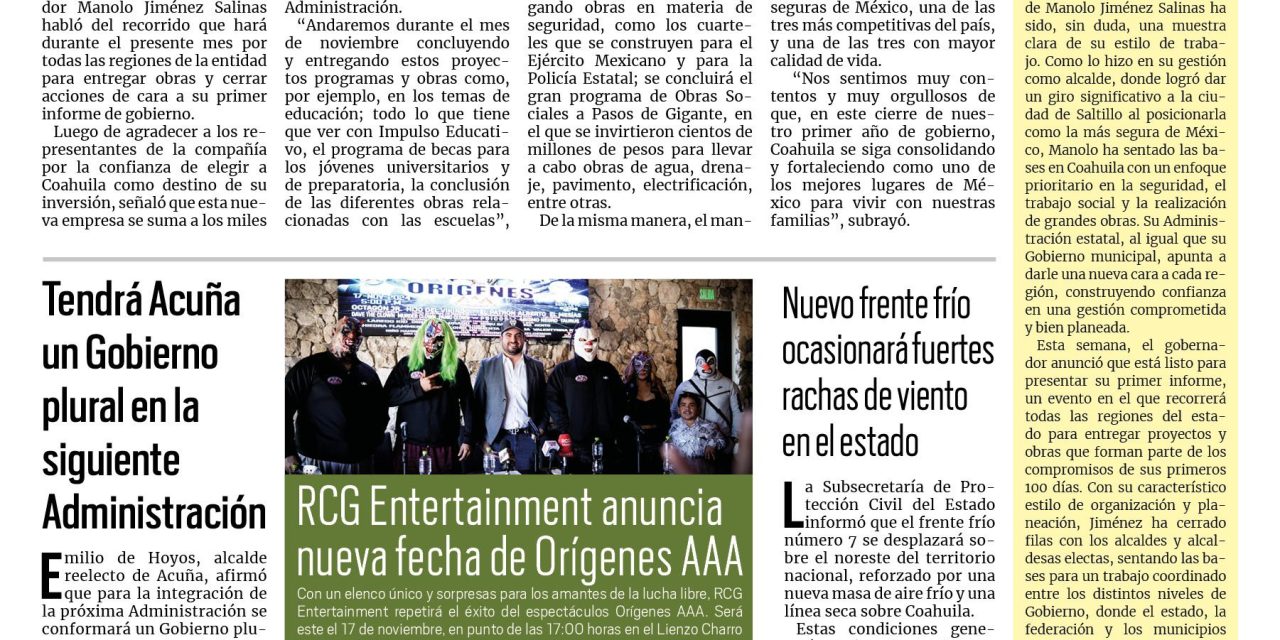 Portada RCG Fronteriza [05 de noviembre de 2024] Manolo Jiménez alista su primer informe de Gobierno; implementará ITSA especialidad en inteligencia artificial y más…