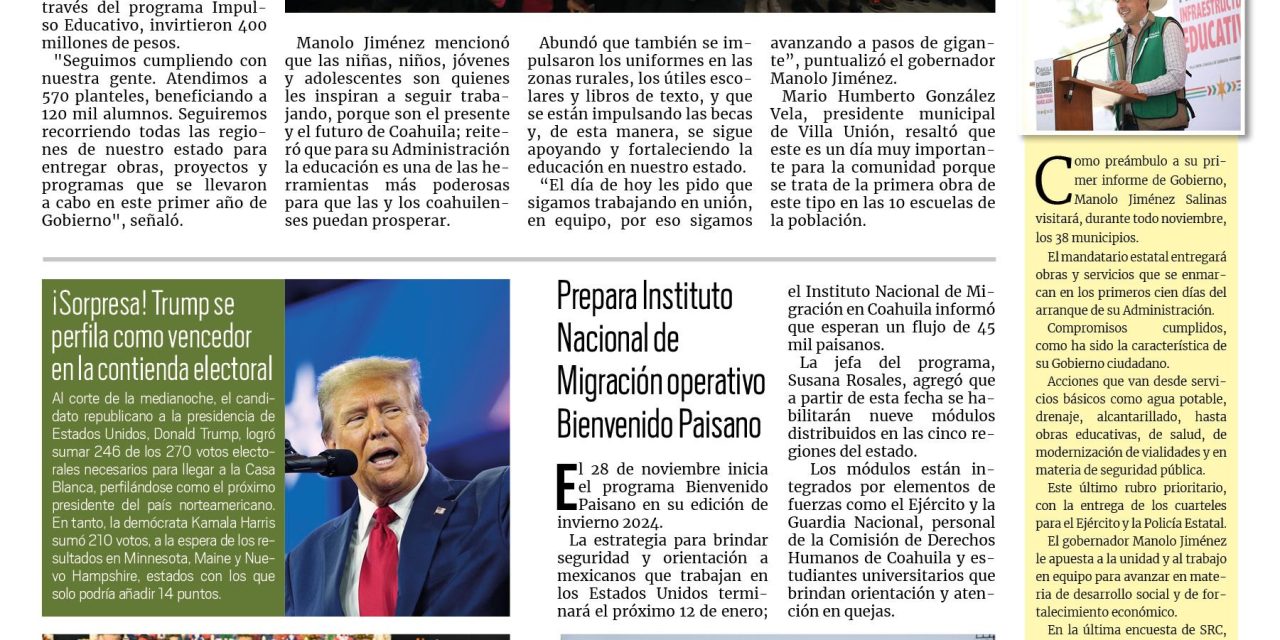 Portada RCG Fronteriza [06 de noviembre de 2024] Manolo Jiménez entrega infraestructura educativa; convocan a sorteo del Servicio Militar Nacional en Acuña y más…