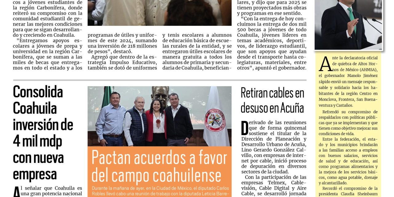 Portada RCG Fronteriza [08 de noviembre de 2024] Entregamos más de 200 mdp en apoyos escolares: Manolo Jiménez; supervisan respuesta en simulacros de incendio y más…