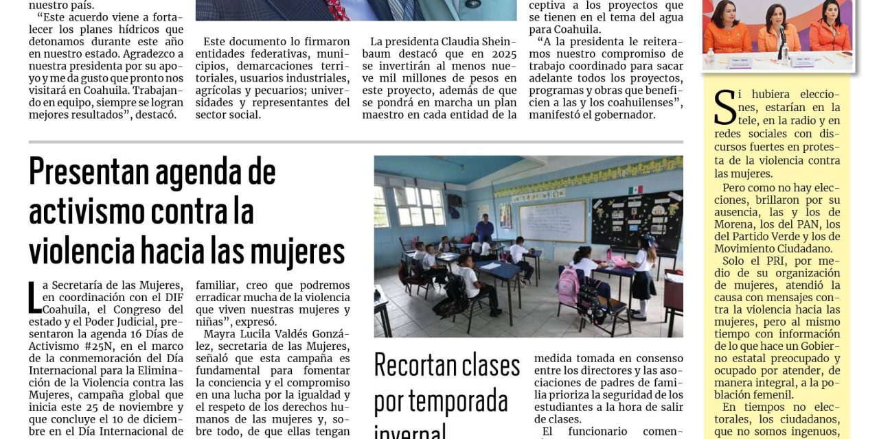 Portada RCG Fronteriza [26 de noviembre de 2024] Firma Coahuila Acuerdo Nacional por el Derecho al Agua; reforzarán vigilancia de quintas para evitar fiestas clandestinas y más…