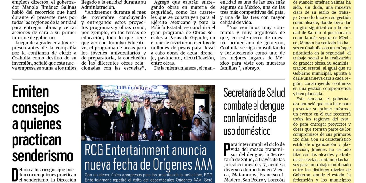 Portada RCG Lagunera [05 de noviembre de 2024] Manolo Jiménez alista su primer informe de Gobierno; detienen a involucrados en riña y más…