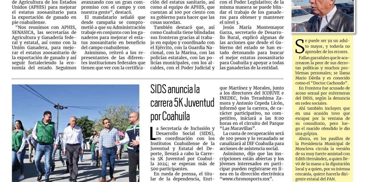 Portada RCG Lagunera [07 de noviembre de 2024] Manolo Jiménez reitera su compromiso con la ganadería; Secretaría de Salud encabeza nueva Brigada de Fumigación y más…