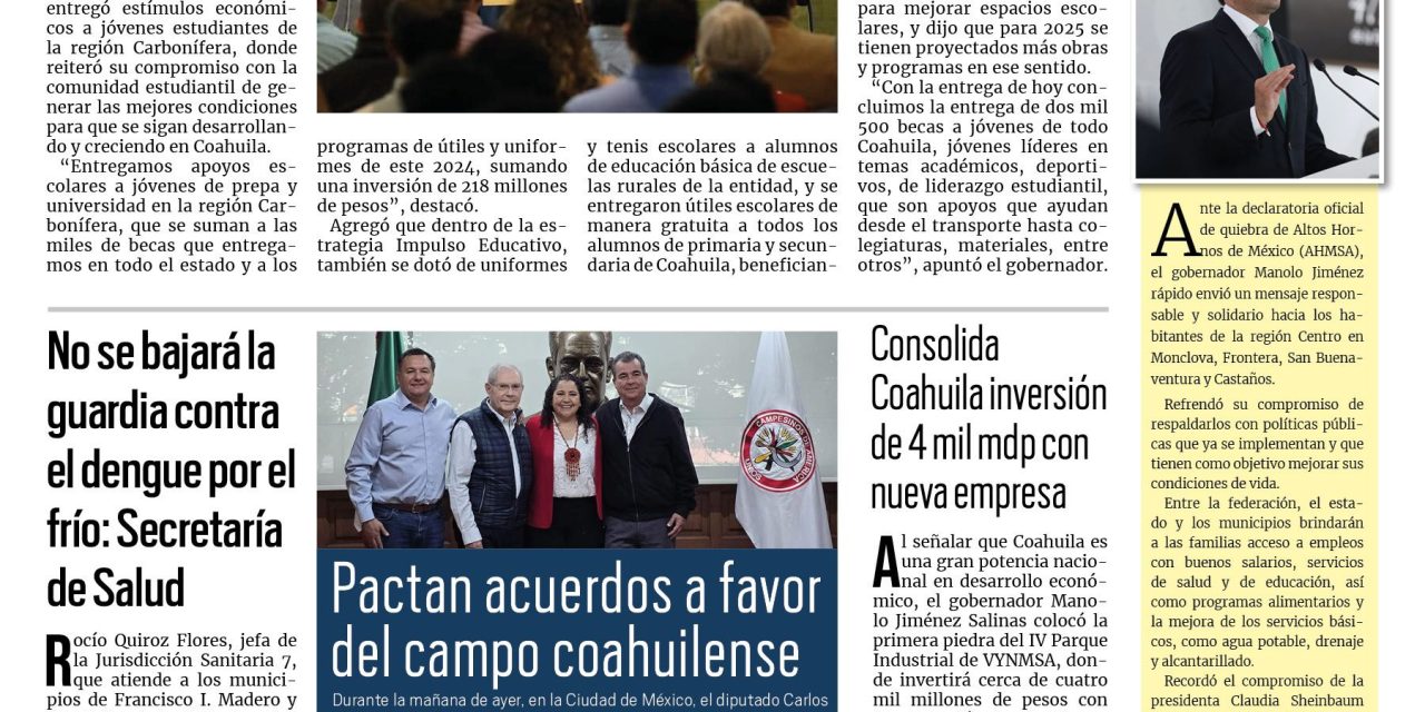 Portada RCG Lagunera [08 de noviembre de 2024] Entregamos más de 200 mdp en apoyos escolares: Manolo Jiménez; no se bajará la guardia contra el dengue por el frío: Secretaría de Salud y más…