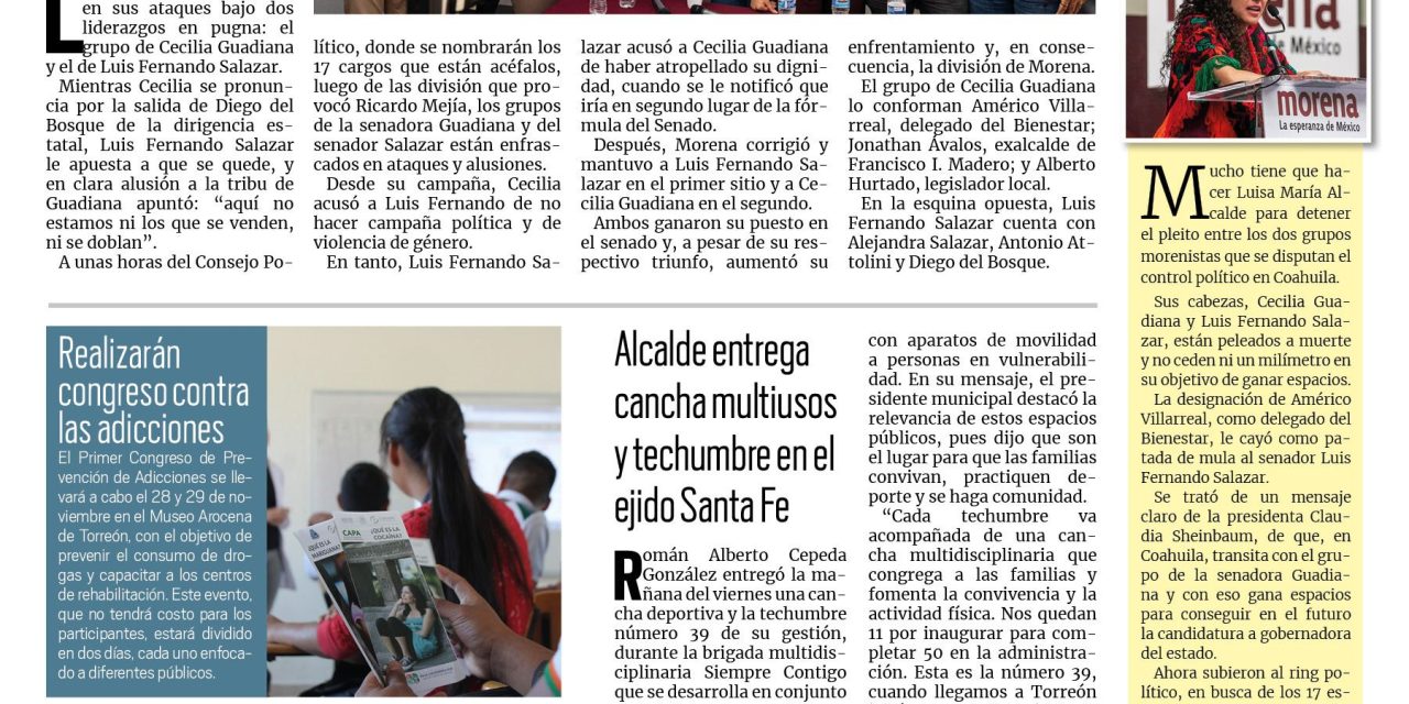 Portada RCG Lagunera [09 de noviembre de 2024] Enfrentados Cecilia y Luis Fernando Salazar: Administración de Torreón cerrará el año con balance favorable y más…