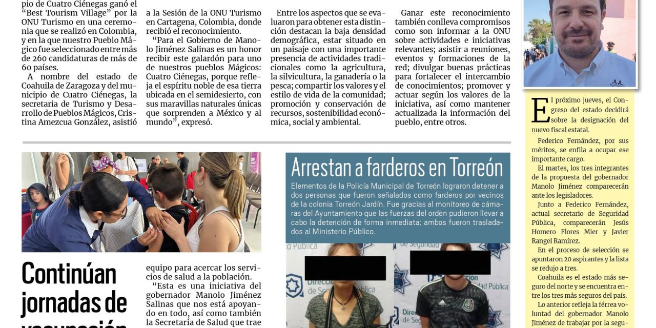 Portada RCG Lagunera [17 de noviembre de 2024] Coahuila sorprende al mundo: Manolo Jiménez; continúan jornadas de vacunación en la Laguna y más…