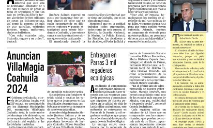 Portada RCG Lagunera [28 de noviembre de 2024] Inaugura Manolo Jiménez cuartel de la Policía Estatal en Progreso; Entregan techumbre y apoyos sociales en colonia Magdalena y más…