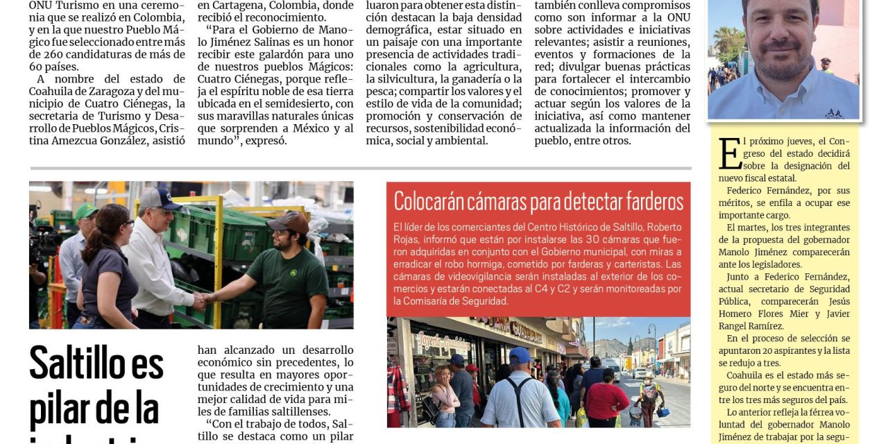 Portada RCG Media [17 de noviembre de 2024] Coahuila sorprende al mundo: Manolo Jiménez; Saltillo es pilar de la industria nacional y más…