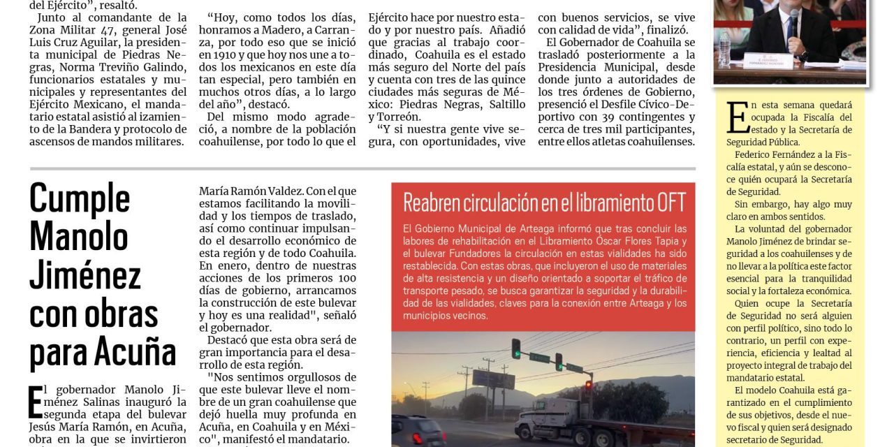 Portada RCG Media [21 de noviembre de 2024] Celebra Coahuila el 114 aniversario de la Revolución Mexicana; cumple Manolo Jiménez con obras para Acuña y más…