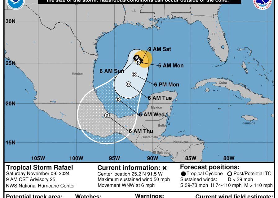 La Tormenta Tropical Rafael se debilita mientras avanza por el Golfo de México