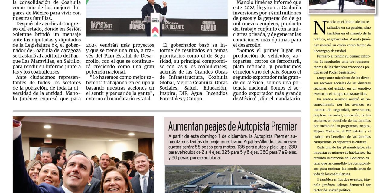 Portada RCG Carbonífera [1 de diciembre de 2024] Coahuila tiene rumbo: Manolo Jiménez Salinas; Sobrevivientes de El Pinabete piden ayuda a Sheinbaum y más…