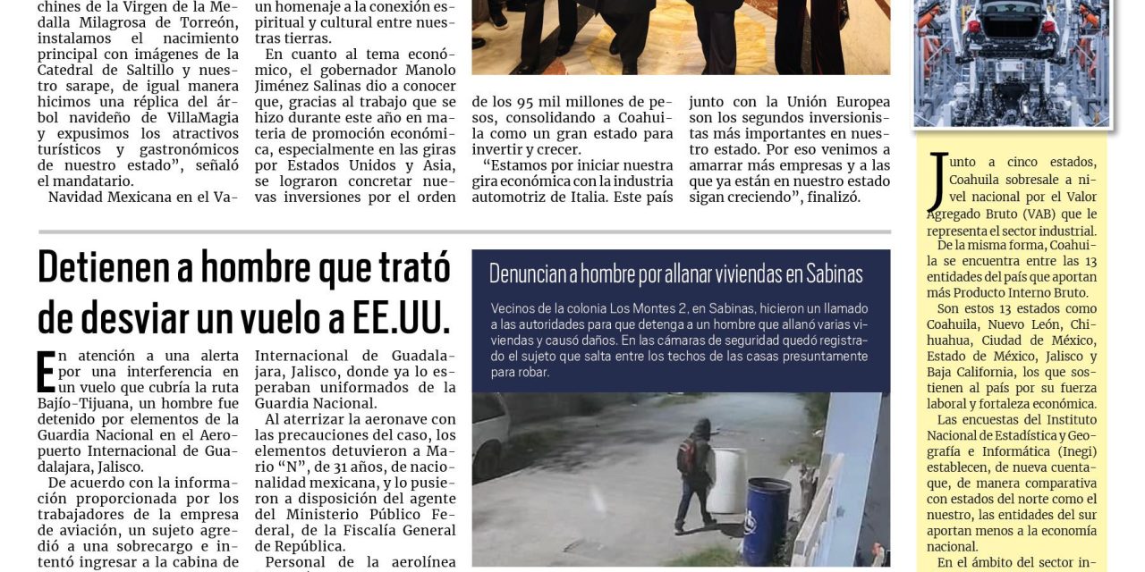 Portada RCG Carbonífera [09 de diciembre de 2024] Coahuila llega al Vaticano de la mano de Manolo Jiménez; contagios de dengue van a la baja en la región y más…