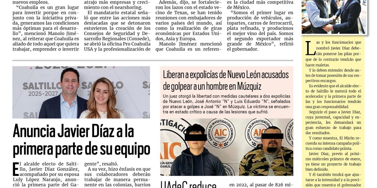 Portada RCG Carbonífera [29 de diciembre de 2024] 2024, el año de grandes inversiones en Coahuila; Venta de alcohol se dispara en la región Carbonífera y más…
