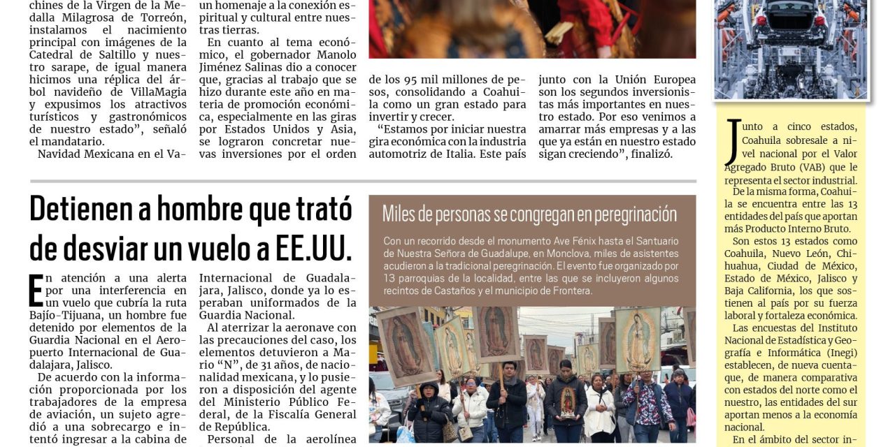 Portada RCG Centro [09 de diciembre de 2024] Coahuila llega al Vaticano de la mano de Manolo Jiménez; apuntan como ilegal extensión de horario de venta de alcoholes y más…