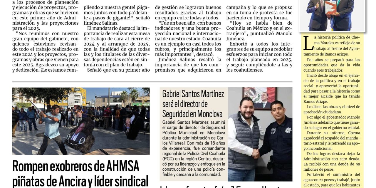 Portada RCG Centro [19 de diciembre de 2024] Encabeza Manolo Jiménez última reunión de gabinete del 2024; Inician vacaciones 80 mil alumnos en la región Centro y más…