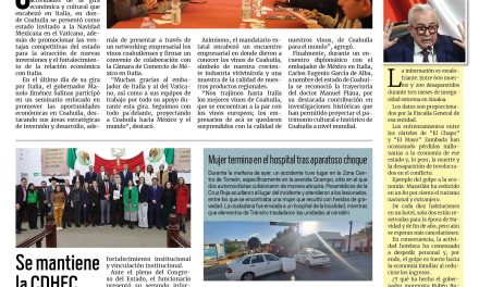 Portada RCG Lagunera [13 de diciembre de 2024] Termina Coahuila gira económica y cultural en Italia; destaca Torreón en generación de empleos  y más…