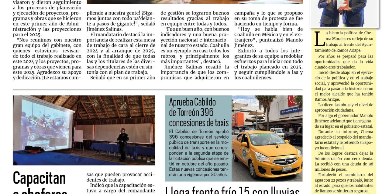 Portada RCG Lagunera [19 de diciembre de 2024] Encabeza Manolo Jiménez última reunión de gabinete del 2024; CJEM y Sedena firman alianza para proteger a las mujeres y más…
