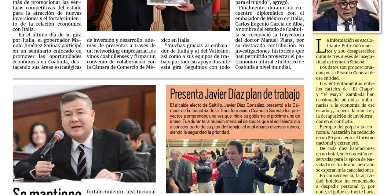 Portada RCG Media [13 de diciembre de 2024] Termina Coahuila gira económica y cultural en Italia; se mantiene la CDHEC cercana a la sociedad  y más…