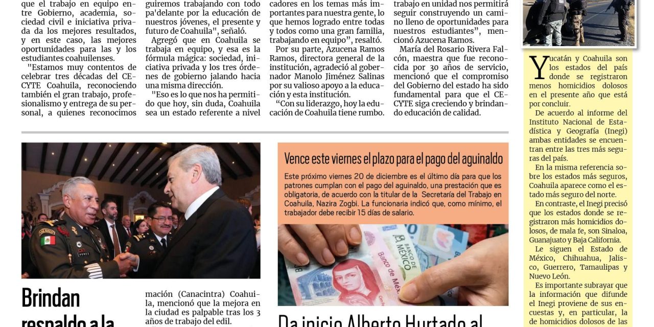 Portada RCG Media [18 de diciembre de 2024] Conmemora Manolo Jiménez 30 aniversario del CECYTE; brindan respaldo a la Administración de Chema Fraustro y más…