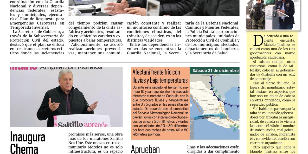 Portada RCG Media [21 de diciembre de 2024] Coordinan autoridades respuesta para emergencias carreteras; culminan comparecencias por el Tercer Informe de Chema Fraustro y más…