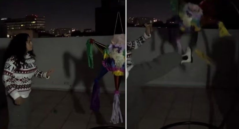 Video: Mujer intenta romper piñata a patadas en posada y termina mal