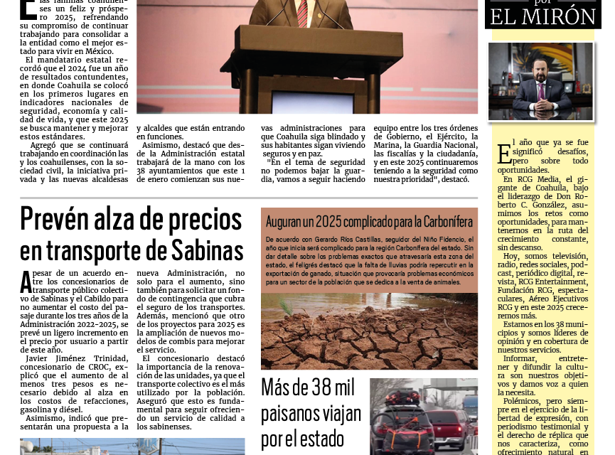 Portada RCG Carbonífera [1 de enero de 2025] Este 2025 sigamos hacia adelante juntos por Coahuila: Manolo Jiménez; Apuntan aumento de venta de alcohol en la región y más…