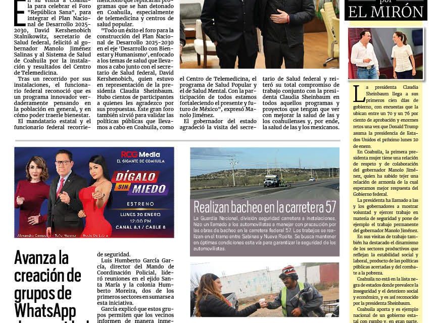 Portada RCG Carbonífera [12 de enero de 2025] Realizan con éxito foros del Plan Nacional en Coahuila; Avanzan jornadas de vacunación en la región Carbonífera y más…