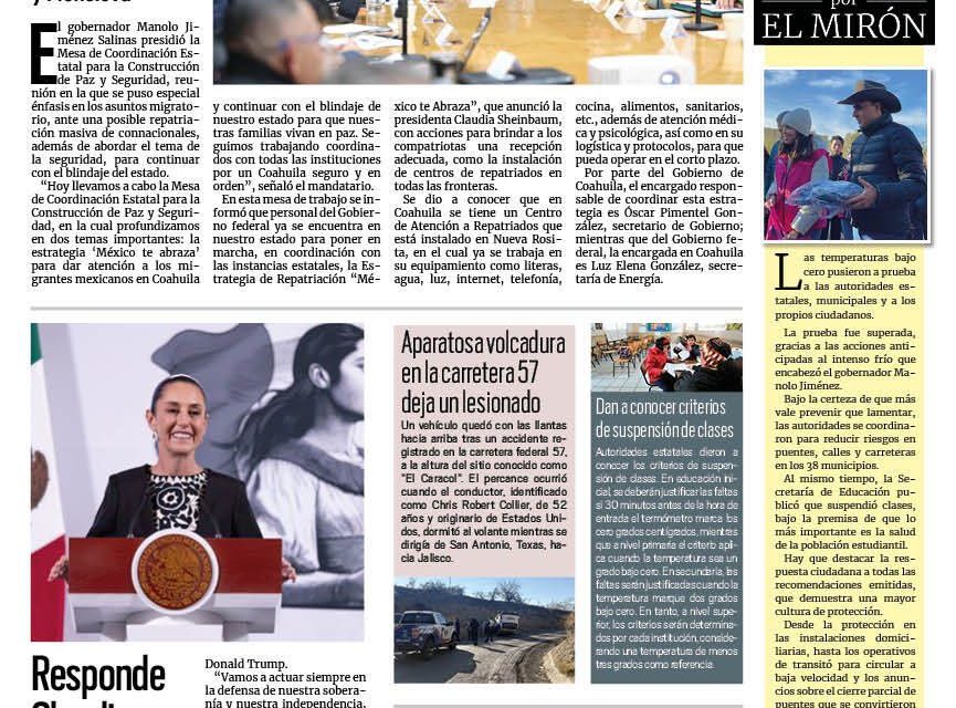 Portada RCG Carbonífera [22 de enero de 2025] Abordan atención a repatriados y blindaje de Coahuila en reunión de seguridad; trasladan a cinco personas a refugio temporal por bajas temperaturas y más…