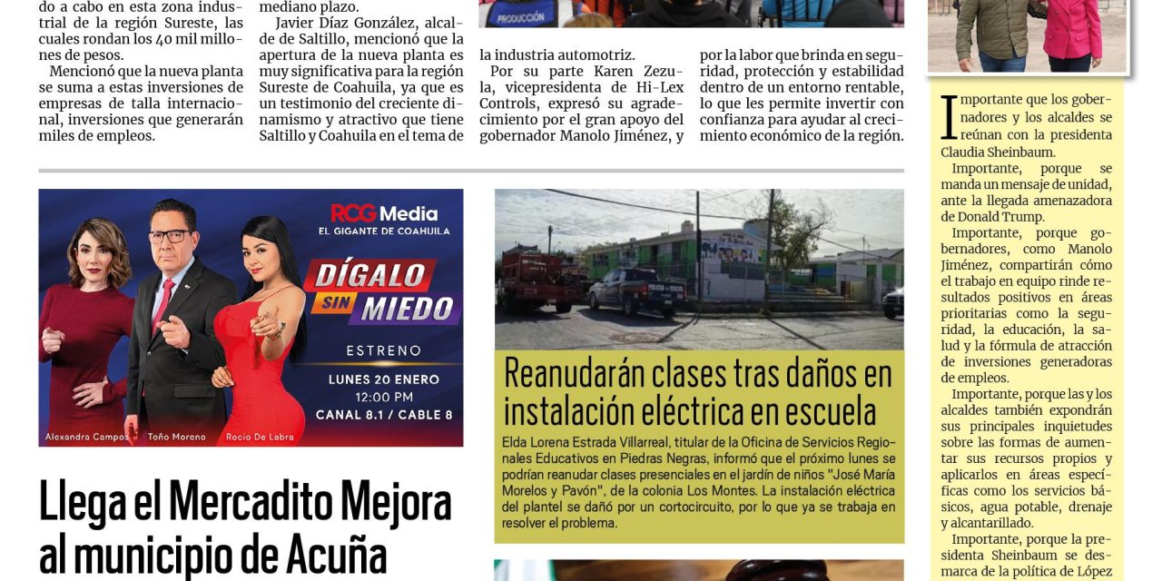 Portada RCG Fronteriza [16 de enero de 2025] ‘Arrancamos 2025 con nuevos empleos para Coahuila’; llega el Mercadito Mejora al municipio de Acuña y más…