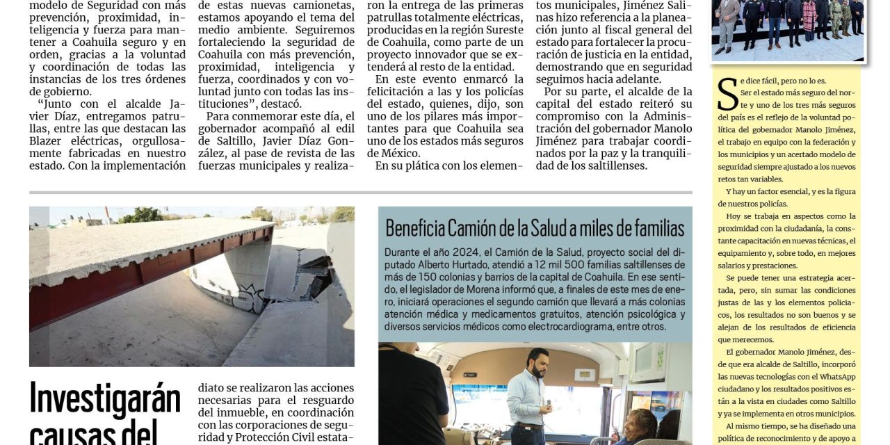Portada RCG Lagunera [3 de enero de 2025] Se mantiene a Coahuila seguro con voluntad y coordinación; investigarán causas del derrumbe en la estación Bus Laguna y más…